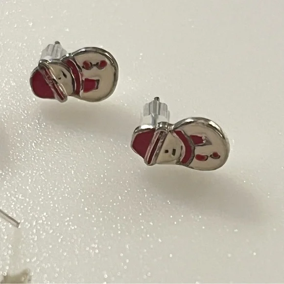 Three Sets of Christmas Earrings Snowmen, Snowflakes, & Jingle Bells Silver Tone - Picture 3 of 13